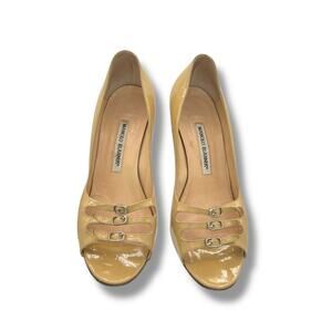 Manolo Blahnik Vintage Patent Buckle Heels Beige Peep Toe Pumps 39 EU
